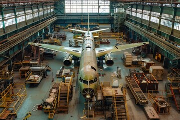 Renovation of Airplane Parts in Aerospace Hangar - Arranged Manufacturing and Maintenance of Airplane Components for Production - obrazy, fototapety, plakaty