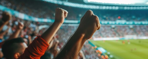 Clenching or rising fists against stadium background. banner.