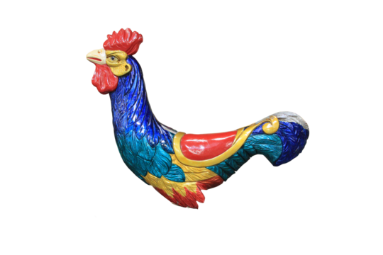 Vintage fairground carnival ride, rooster cockerel farmyard  figure on transparent, isolated , legless    