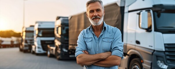 Senior Truck driver standing in front of cargo trucks background. banner.