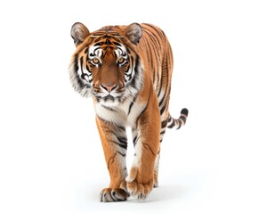 Obraz premium Tiger Walking. Front View of a Majestic Big Cat Isolated on White Background