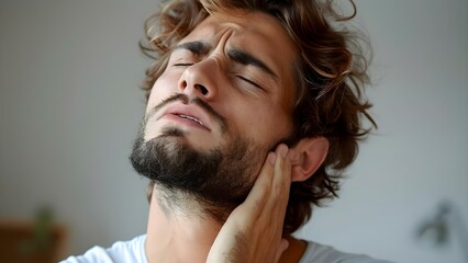 Man Experiencing Neck Pain, Visual Metaphor for Health Concerns. Concept Neck Pain, Health Concerns, Visual Metaphor, Medical Issues, Discomfort - obrazy, fototapety, plakaty
