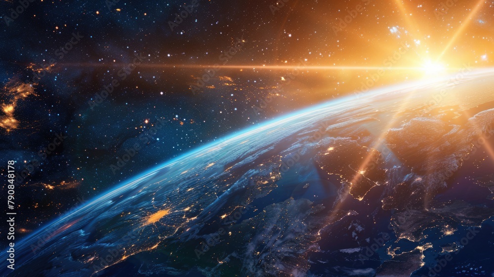 Wall mural sunrise over earth from space with starry background - 3d rendered planet globe in blue universe nig