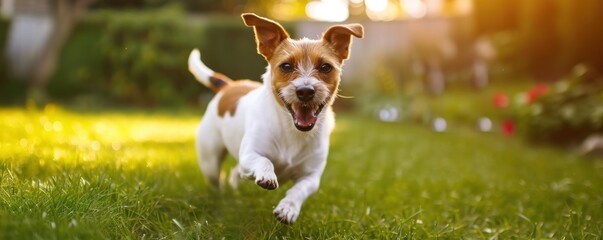 Happy fox terrier dog jump on green meadow in sunset light. copy space for text. - obrazy, fototapety, plakaty