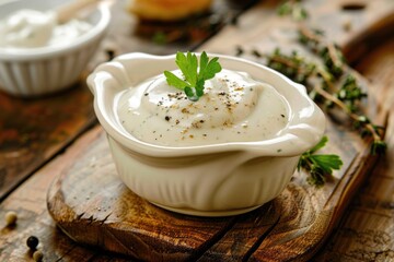 Tartar Sauce in Gravy Boat on Wooden Surface. Delicious Dip for Seafood and Snacks