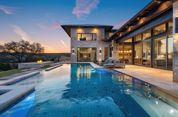 A stunning view of the pool and home exterior at sunset, showcasing an elegant design with stone accents, large windows, and modern lighting.