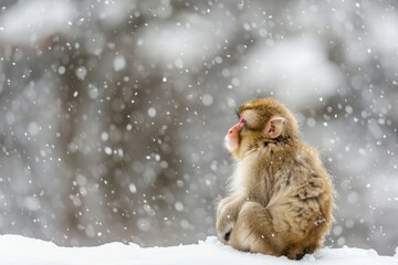 Winter Portrait of a Beige Furry Monkey Sitting on a Snowbank in Monkey Park, While Looking Down at Falling Snow Outdoors