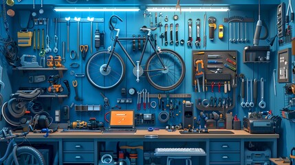Well-Organized Workspace with Tools and Bike. Perfect Workshop Arrangement for DIY Projects. Professional Tool Wall, Workbench, and Equipment. Clean and Tidy. AI