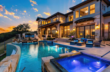 A beautiful home with an outdoor pool and lounge area, showcasing the luxurious style of modern Texas homes - obrazy, fototapety, plakaty