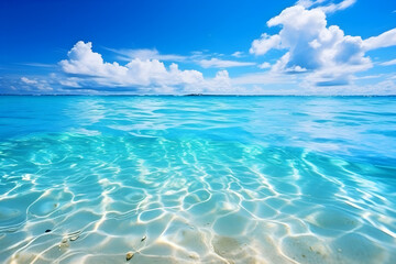 Fototapeta na wymiar Shallow turquoise sea blending into deep blue under white clouds.