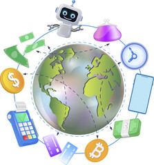 The process of transferring money around the world. Vector illustration.