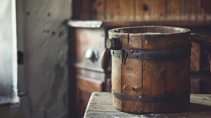 A vintage wooden churn sitting on a worn farmhouse table, ready to transform cream into butter with a rhythmic motion. - obrazy, fototapety, plakaty