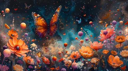 Fotobehang Botanical Ballet: A Watercolor Extravaganza of Floating Flora and Fluttering Wings © Thien Vu