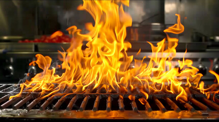 Obraz premium Close up of flames on the grill, kitchen background, commercial video screen grab
