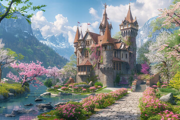 A fairy-tale castle with beautiful gardens in spring