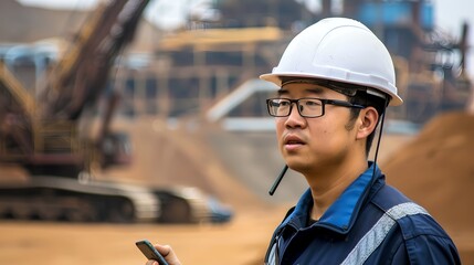 Focused Construction Engineer Holding a Smartphone on Site. Serious Professional Overseeing Development. Modern Construction and Technology Integration. AI