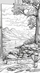Hobbies & Relaxation Coloring Book: A coloring page showing a person painting a beautiful landscape outdoor
