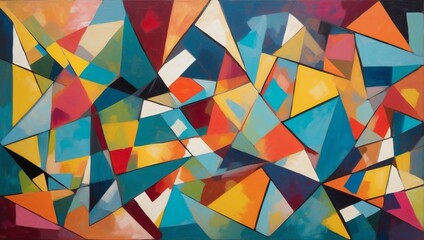 Dynamic Mosaic of Bright Geometric Shapes on Multicolored Abstract Canvas.