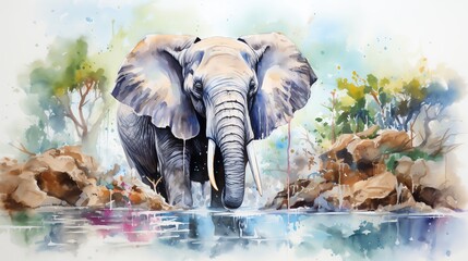 Elephant splashing at a waterfallrefreshing and joyfulvivid colors captured in high detailisolated on white backgroundwatercolor.