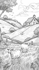 Nature: A coloring book page featuring a peaceful countryside scene with rolling hills