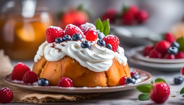 Homemade dessert rum baba decorated with whipped cream.
