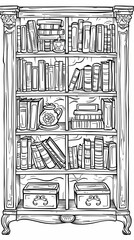 Objects: A coloring page of a sturdy bookshelf filled with books of various sizes and shapes