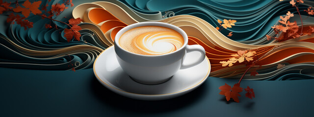 A 3D-rendered, hyper-realistic hot coffee latte art in a white cup on the table with smoke steam above with coffee beans on a isolated solid background