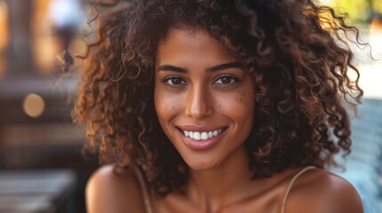 A woman with curly hair smiling at the camera, AI