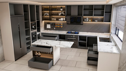 3d rendering modern kitchen with tile floor and shelf cabinets 