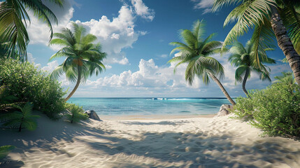 Rest at the seaside. Tropical beach, sea, palm trees, sand. - obrazy, fototapety, plakaty