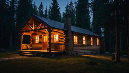 Beautiful log cabin in a forest clearing, night time, warm glow emanating from the windows, warm, cozy peaceful feeling

