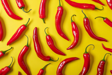 Overhead view of red chilli peppers on a bright yellow background