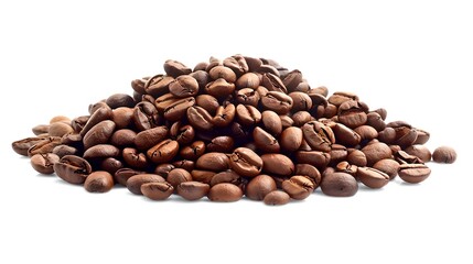 Fresh roasted coffee beans pile isolated on white background. Ideal for cafes and food bloggers. Close-up, high-quality image. AI