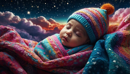 a sleeping baby cuddled up in their colorful blankets and pajamas