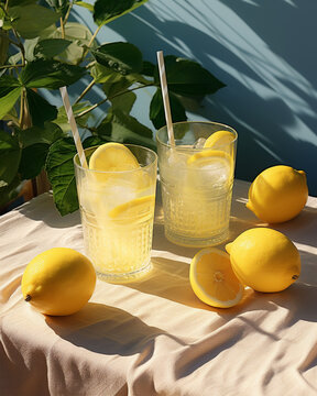 Hyper-realistic, 3D-rendered of ice fresh lemon in the glass in summer time to decrease some hot weather against a solid color background
