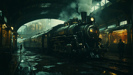 steam locomotive in a bioshock dishonored giant steampunk train station