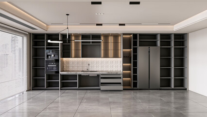 3d rendering modern kitchen with tile floor and shelf cabinets 