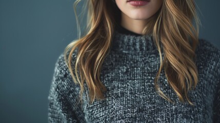 A woman with long blonde hair wearing a sweater, AI - obrazy, fototapety, plakaty