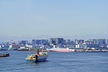東京港に入港する貨物船（ワイド）