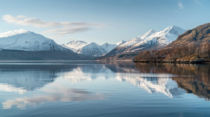 Panoramic views of mountains and lakes with snow-capped peaks reflecting calm waters under soft morning light