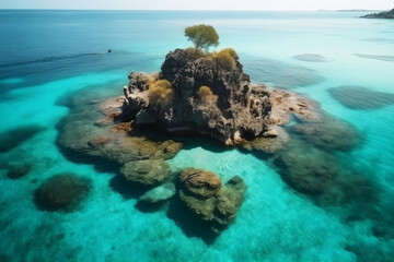 An isolated small island surrounded by the vast expanse of the ocean.