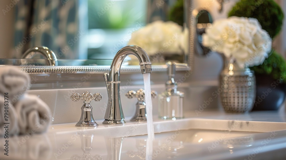 Poster A bathroom sink with a faucet and mirror in the background, AI