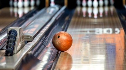 A bowling ball is sitting on the lane of a pinball machine, AI - obrazy, fototapety, plakaty