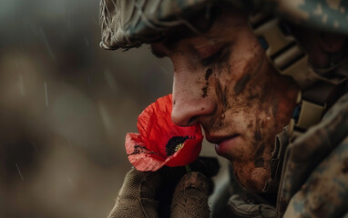 Close-up of a soldier's silhouette holding a poppy, with the crumbling walls of a former stronghold in the background, 8K - obrazy, fototapety, plakaty