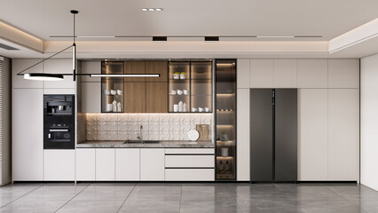 3d rendering modern kitchen with tile floor and shelf cabinets 