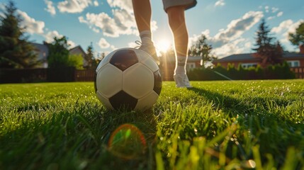 A person standing on grass with soccer ball in hand, AI