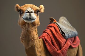 Close-up of a camel with a colorful saddle, looking directly at the camera against a neutral background. - obrazy, fototapety, plakaty