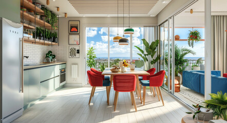 an open kitchen with a white wooden floor, a big window and balcony overlooking the sky in Spain, a dining table with red chairs, plants on shelves, a blue sofa, sunlight coming through the clouds