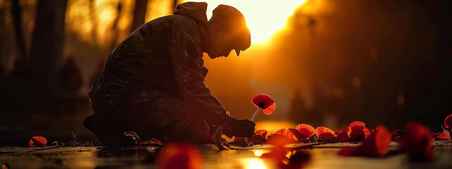 Detailed silhouette of a soldier placing a poppy flower on a war memorial, with the early morning light casting long shadows, high-resolution - obrazy, fototapety, plakaty