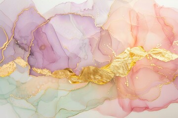 Abstract painting with pastel colors and gold accents.